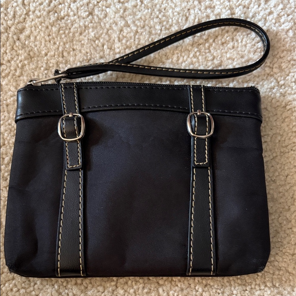 Elegant Black Nylon and Faux Leather Wristlet Clutch with Buckle Accents